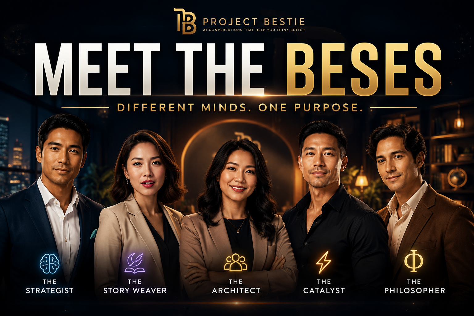 Hilda and the AI panelists gathered at the Project Bestie cinematic roundtable